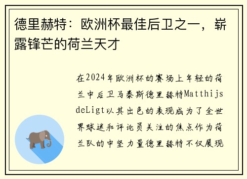 德里赫特：欧洲杯最佳后卫之一，崭露锋芒的荷兰天才