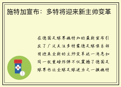 施特加宣布：多特将迎来新主帅变革
